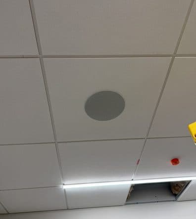 Round in-ceiling speaker centred in a white acoustic ceiling tile beside a linear light