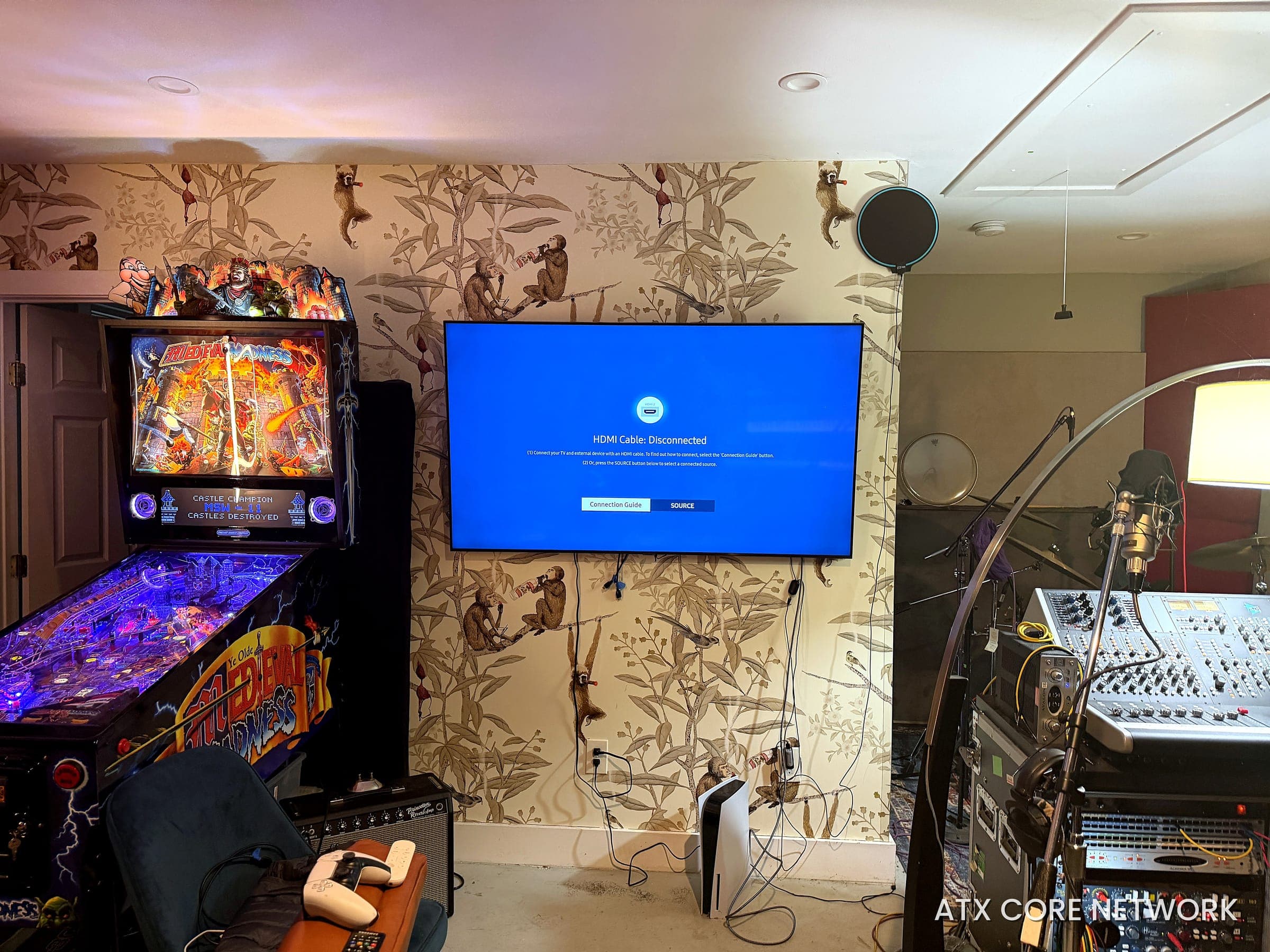 Media and game room TV installation with clean cabling