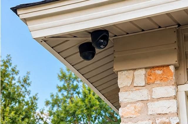 Pair of dome IP cameras mounted under a soffit above a limestone pillar